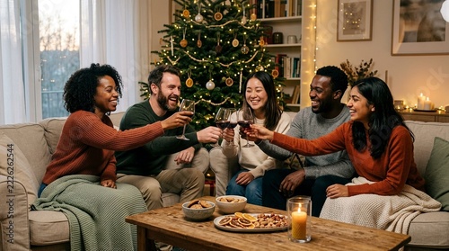 Diverse group of friends celebrating Christmas and toasting with red wine at home