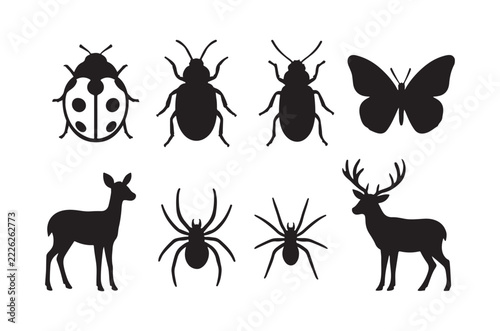 animal and insect silhouettes on white background
