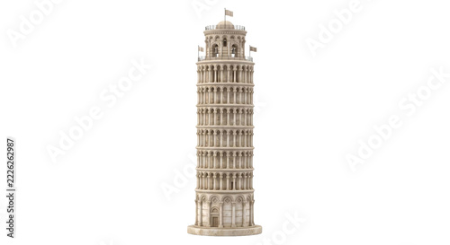 Fotografie Leaning Tower of Pisa isolated against black, showing its pale stone arcades and