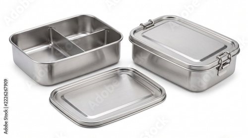 Stainless steel bento lunch box container set, eco friendly metal meal prep container, reusable food storage box on white background