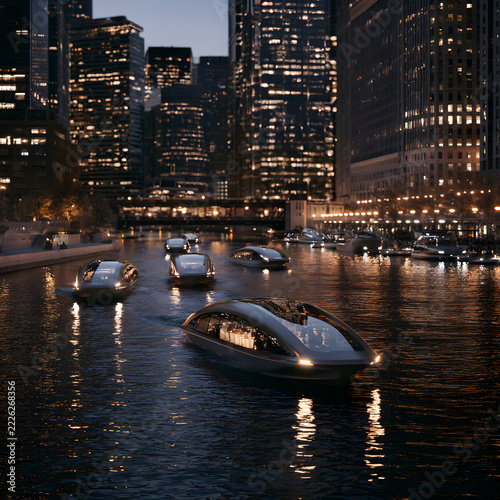 Futuristic Autonomous Boats Navigating a Smart City Canal at Night