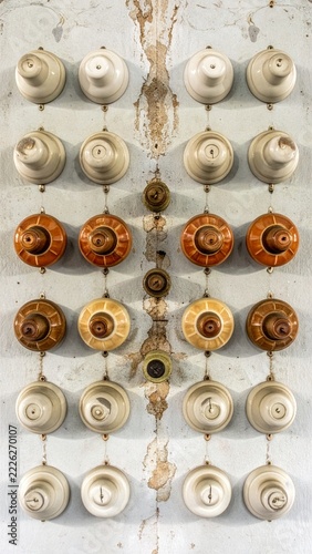 Vintage porcelain electrical insulators arranged in a symmetrical pattern on a weathered concrete wall surface.