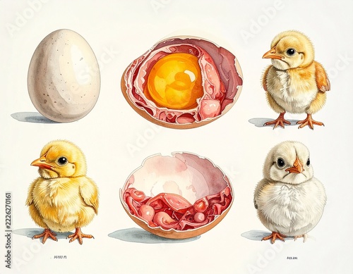 Watercolor illustration showing the development from egg to chick