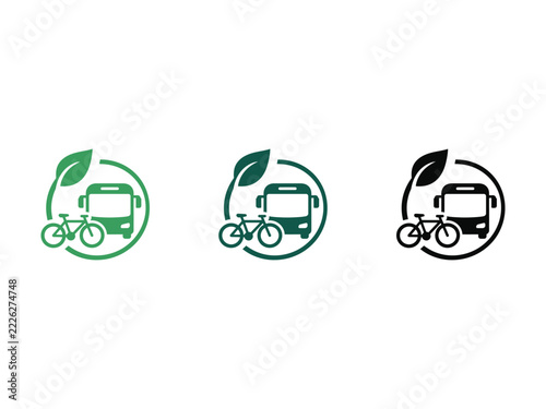 Eco friendly public transportation icons featuring bus and bicycle with green leaf symbol.