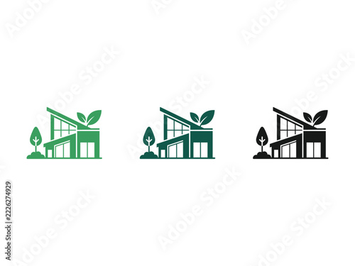 Modern eco friendly house logo set with green leaves and sustainable architecture design.
