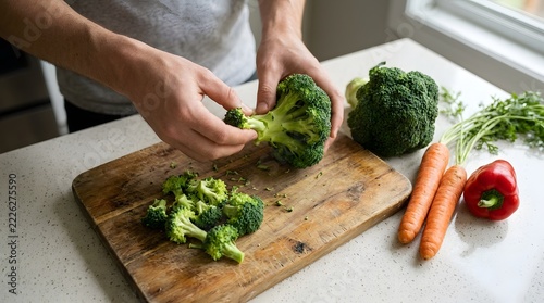 Cooking preparation with fresh broccoli carrots and red pepper on