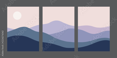 Abstract Landscape Wall Art Set of 3 Triptych Minimalist Mountain Hills Pastel Sunset Poster Canvas Design