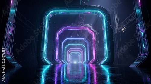 Neon glowing tunnel stretches infinitely forward with vibrant cyan and purple light arches.