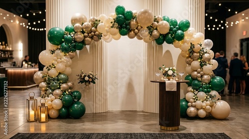 Elegant Wedding Venue with Green and Gold Balloon Arch - Reception Decor