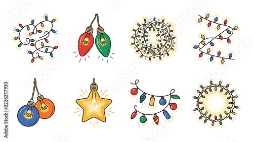 Colorful Hand Drawn Christmas Lights Vector Bundle with Festive Holiday Bulbs and Decorative String Illustrations