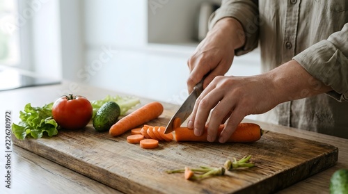 Cooking preparation with fresh vegetables including carrots cucumber