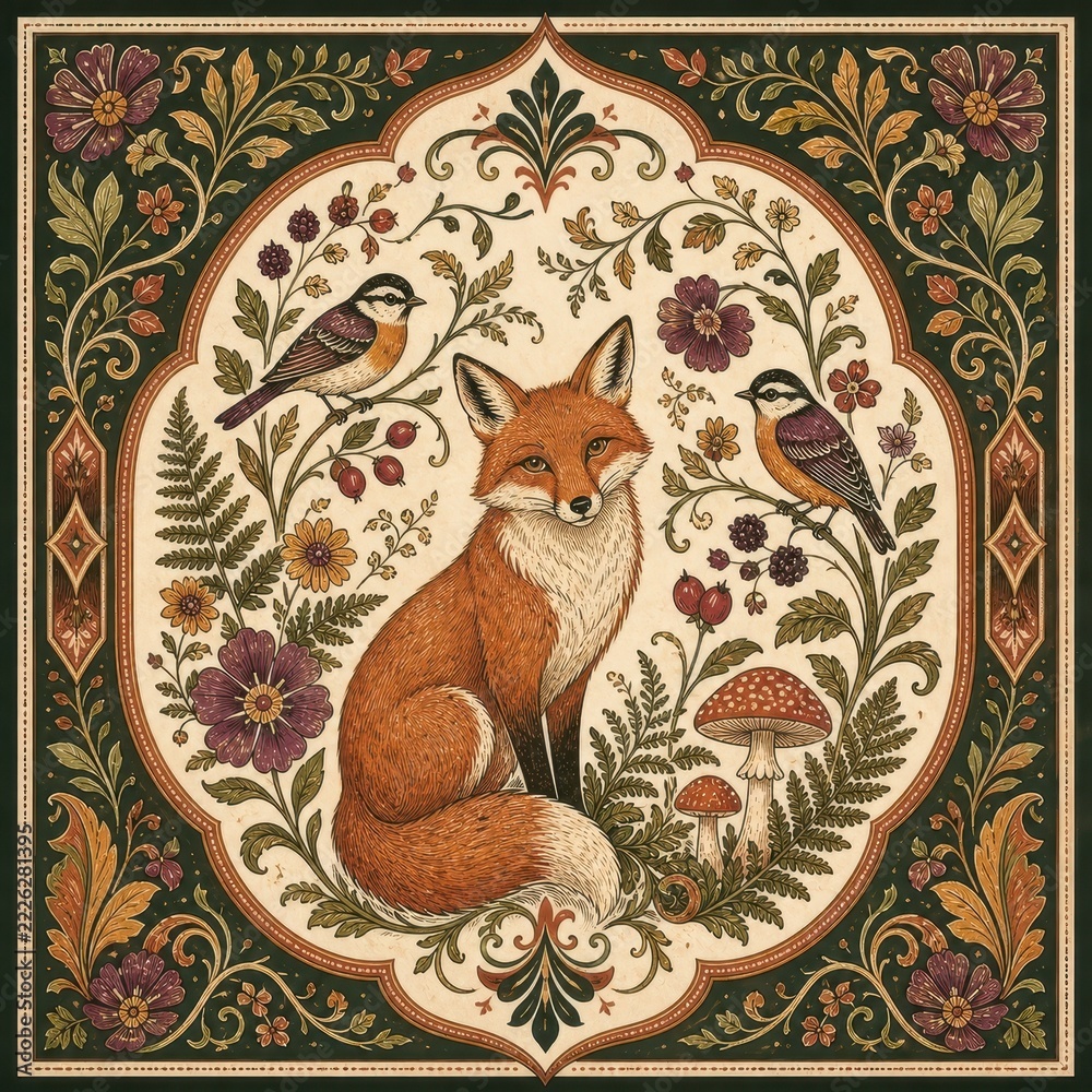 Naklejka premium Vintage fox and birds botanical folk art decorative print