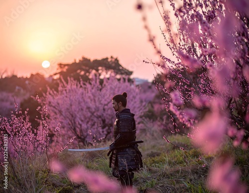 Japanese Samurai at Sunset in a Beautiful Cherry Blossom Garden with a Soft Pink Background