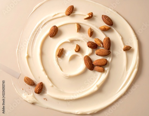Scattered Raw Almonds Viewed from Above on a Soft Cream Background with Natural Food Styling