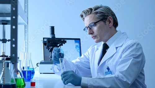 Scientist at Work Conducting Scientific Research in a Laboratory on a Soft Blue Background