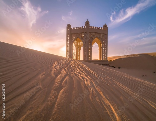 Serene Islamic Architecture Featuring Elegant Symmetrical Arches on a Soft Sand Beige Background