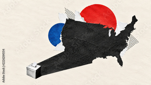 Small ballot box with paper vote casting a long shadow shaped like a map of the USA. Power of a single vote, US election impact and democracy collage