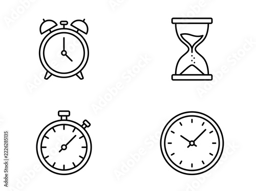 Time management icons: alarm clock, hourglass, stopwatch, clock, isolated on transparent background.
