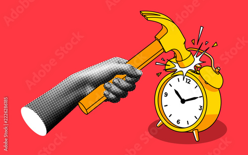 Hand with Hammer Smashing Yellow Alarm Clock Retro Halftone Poster, Time Management Illustration