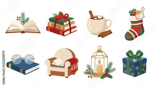 Christmas Book Lover Vector Bundle with Cozy Reading Accessories, Literary Gifts and Festive Winter Clipart
