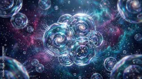 Microscopic cells dividing in a cosmic, colorful environment. Cellular biology and cell division concept. Genetics, biotechnology and medical science illustration.