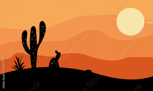 Desert Sunset Landscape Vector Design Template Background with Cactus Silhouette and Warm Sun