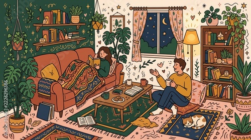 People relaxing together in a cozy living room with books, plants and a sleeping cat. Reading and enjoying a warm drink at home. Hygge lifestyle, comfort and quiet leisure.