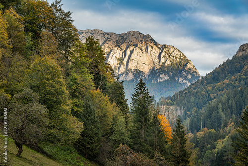Sunlit Limestone Mountain Above Autumn Forest in Solcava, Slovenia