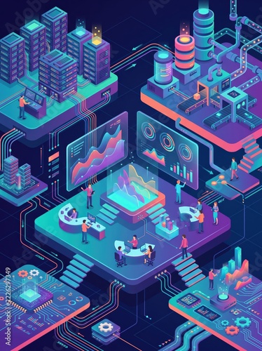 Isometric data center servers connected to automated industrial production line. Data analytics and cloud computing. Smart factory, digital transformation and Industry 4.0.