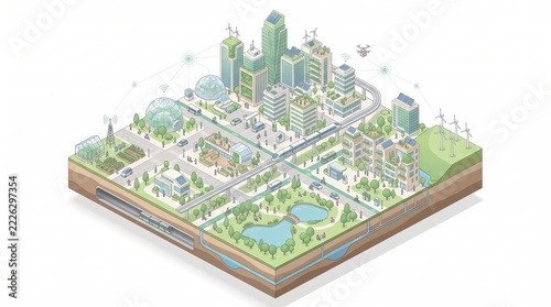 Isometric illustration of a sustainable smart city with green buildings and clean transport. Renewable energy and urban technology. Eco-friendly infrastructure, connected city planning