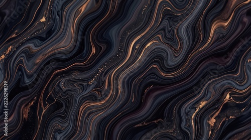 Abstract black marble texture with flowing copper veins and smoky gray striations. Luxurious dark stone surface. Elegant modern background for design and branding. Dramatic abstract pattern