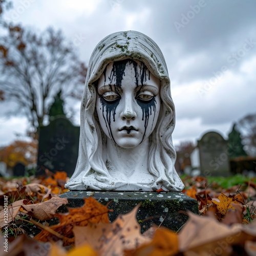 Haunted female statue in cemetery autumn.