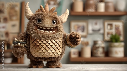Cute and Soft Fantasy Creature with Big Eyes and Horns in Cozy Indoor Setting