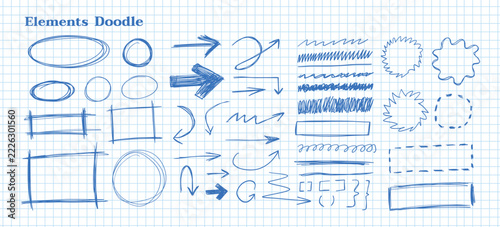 Drawn pen scribble and doodle set. Blue note frames and lines. Bundle of highlight text and paint oval