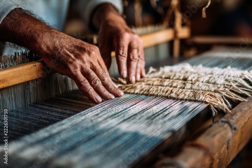 Hands guide colorful threads across a contemporary loom, weaving heritage patterns into fresh textile designs