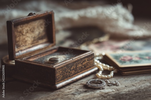 Antique keepsakes and treasured family objects arranged on a timeworn wooden tabletop