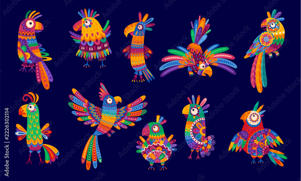 Naklejka premium Cartoon Mexican parrot birds. Vector set of cute tropical animal species with bright plumage, ornate patterns, beaks and feather crests. Playful pets standing, dancing and flying with spread wings