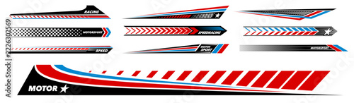 Motorsport race line sticker decals, racing sport car tuning elements. Vector set of streamlined stripes, checkered patterns, arrows and stars with speed, racing, motorsport and motor lettering