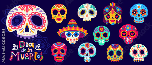 Mexican Day of the Dead calavera sugar skulls. Dia de los Muertos Mexico festival face masks and heads with floral patterns and traditional Mexican folklore motifs for Day of the Dead invitations