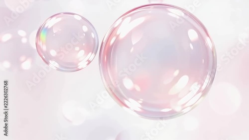 Iridescent soap bubbles floating over a soft pastel background, glossy translucent spheres with rainbow reflections and dreamy bokeh light