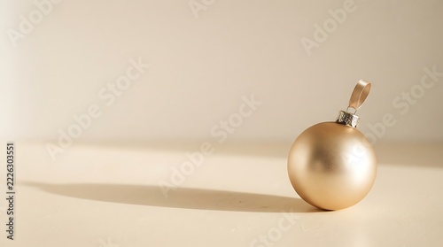A single champagne-gold Christmas bauble rests on a warm beige surface, illuminated by soft directional sunlight that casts a long, elegant shadow across the minimalist scene.