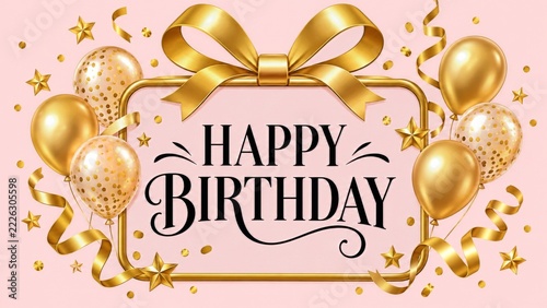 Elegant birthday greeting with golden balloons and a gift shaped pink frame