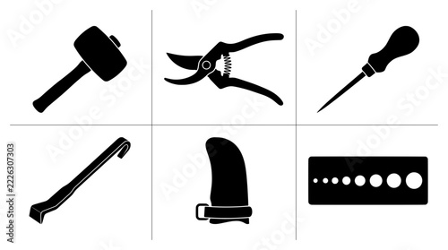 Tool set silhouettes with hammer, pruners, screwdriver, pry bar, glove and drill bit sizes for industry
