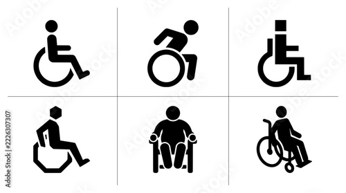 Wheelchair user silhouettes set with figures in motion, accessibility and mobility symbols