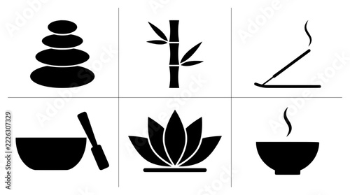 Zen icons set with stacked stones, bamboo, incense, lotus flower and steaming bowl for spa and wellness