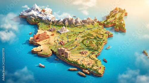India map illustration presents rich geographical details including northern mountain ranges and coastal cities in a miniature style.