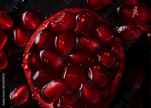 Fresh Pomegranate Half with Water Droplets Close-Up
