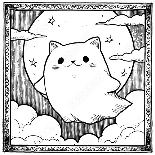 Whimsical cat ghost floats under a bright full moon surrounded by fluffy clouds in a dreamy night sky