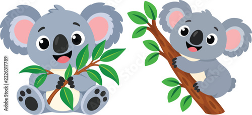 Cute Cartoon Koala Bears with Green Leaves and Tree Branch – 2D Flat Vector Illustration