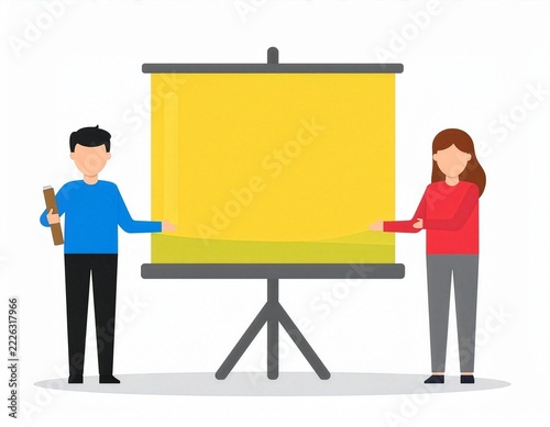 People presenting with a projector screen isolated on white background